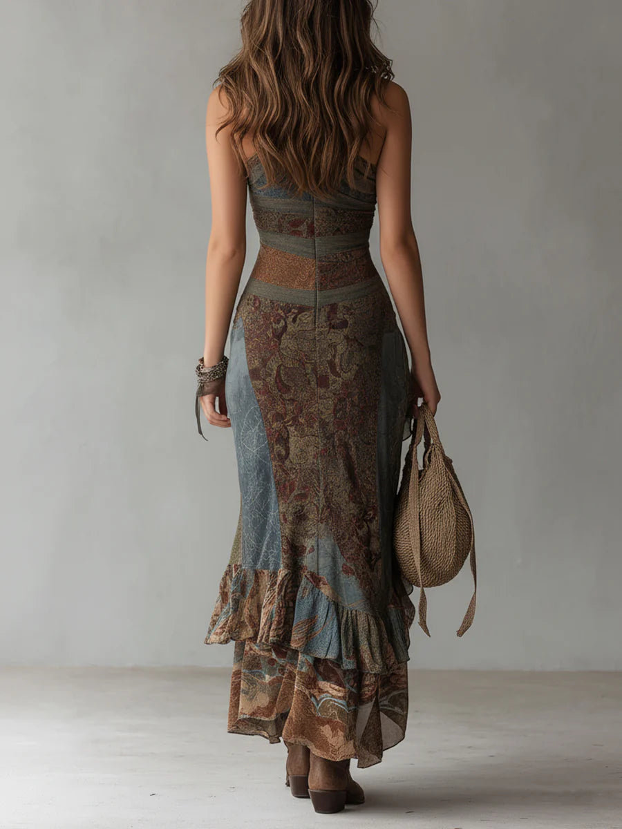 Zaira | Abito maxi monospalla con stampa etnica e frange dal fascino boho