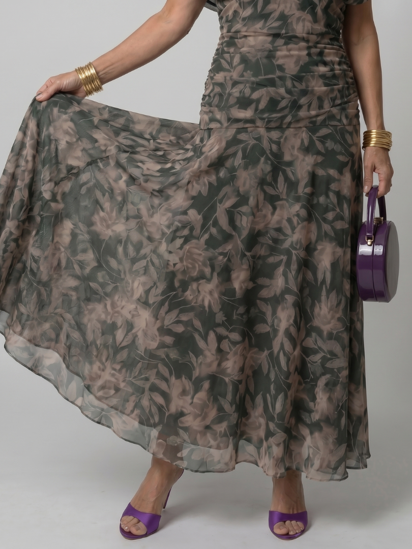 Adriana | Abito midi off-shoulder in chiffon floreale dal fascino romantico