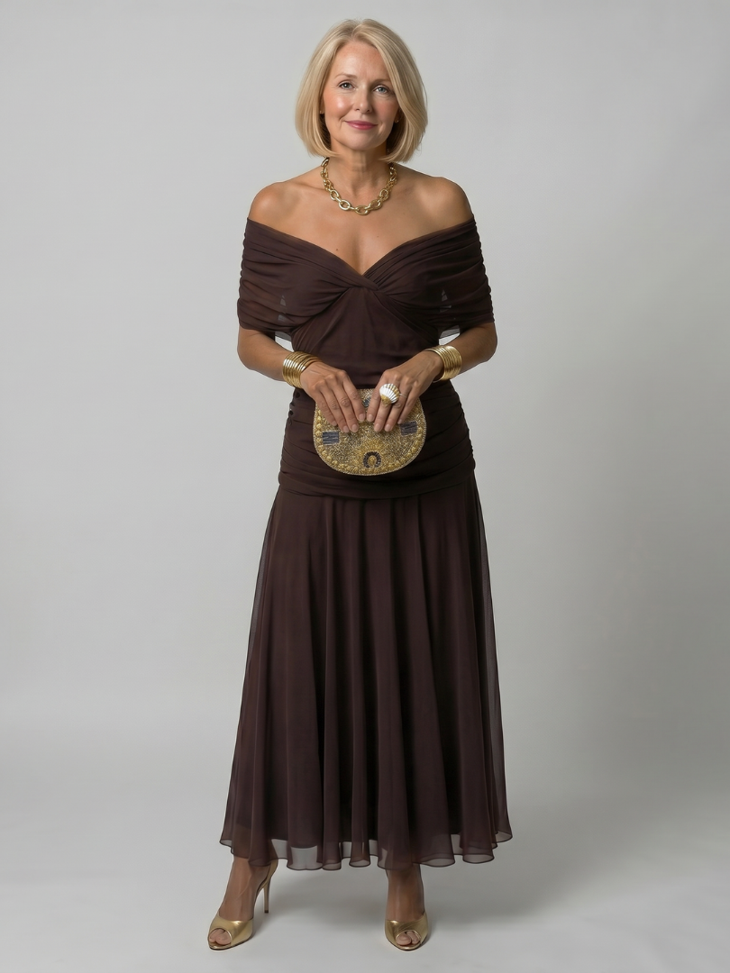 Adriana | Abito midi off-shoulder in chiffon floreale dal fascino romantico