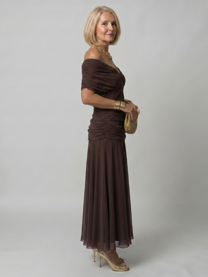 Adriana | Abito midi off-shoulder in chiffon floreale dal fascino romantico