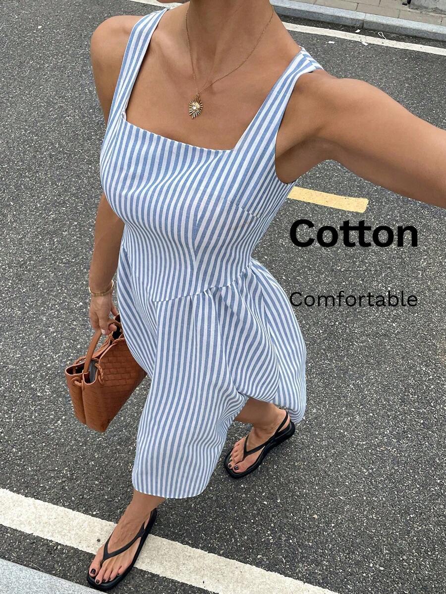 Gioia | Abito Maxi a Righe in Cotone con Scollatura Quadrata