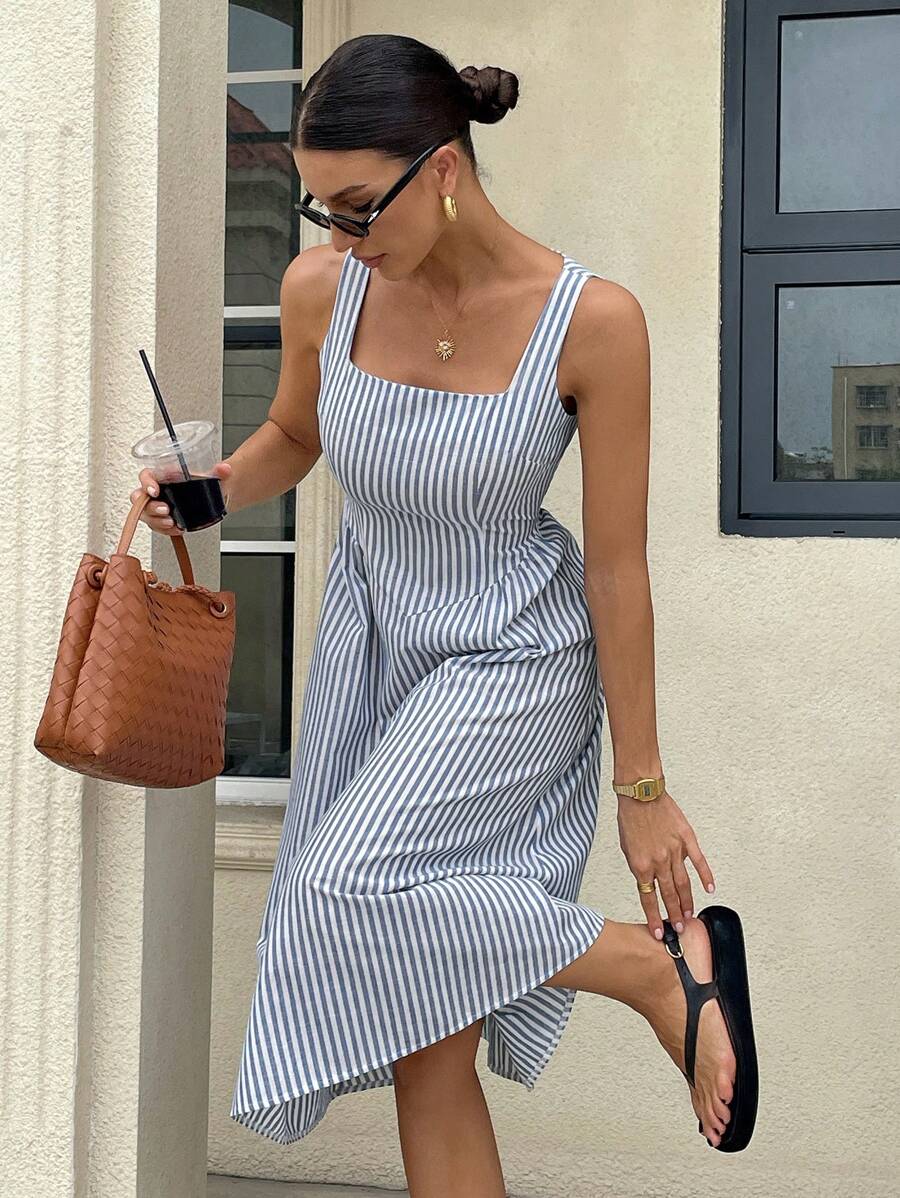 Gioia | Abito Maxi a Righe in Cotone con Scollatura Quadrata