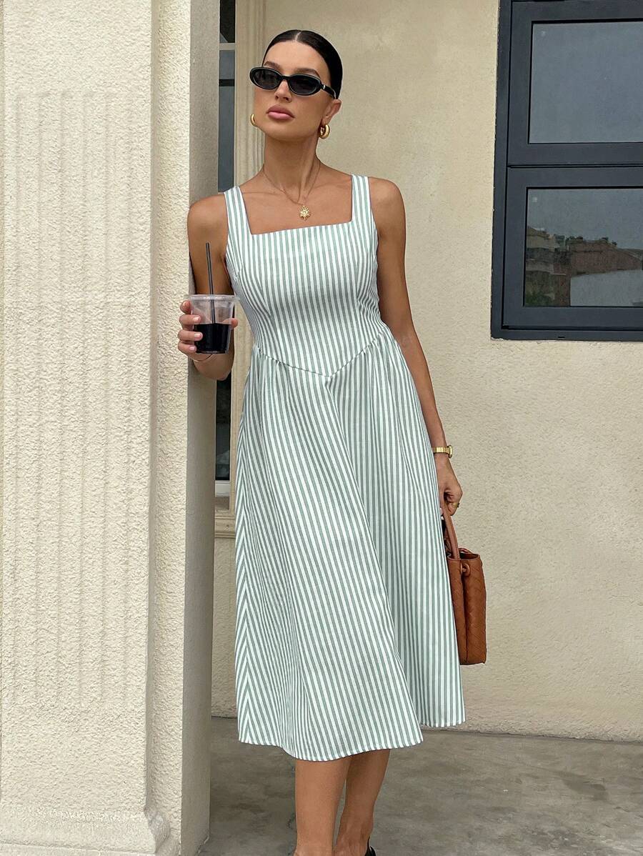 Gioia | Abito Maxi a Righe in Cotone con Scollatura Quadrata