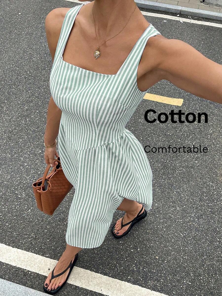 Gioia | Abito Maxi a Righe in Cotone con Scollatura Quadrata