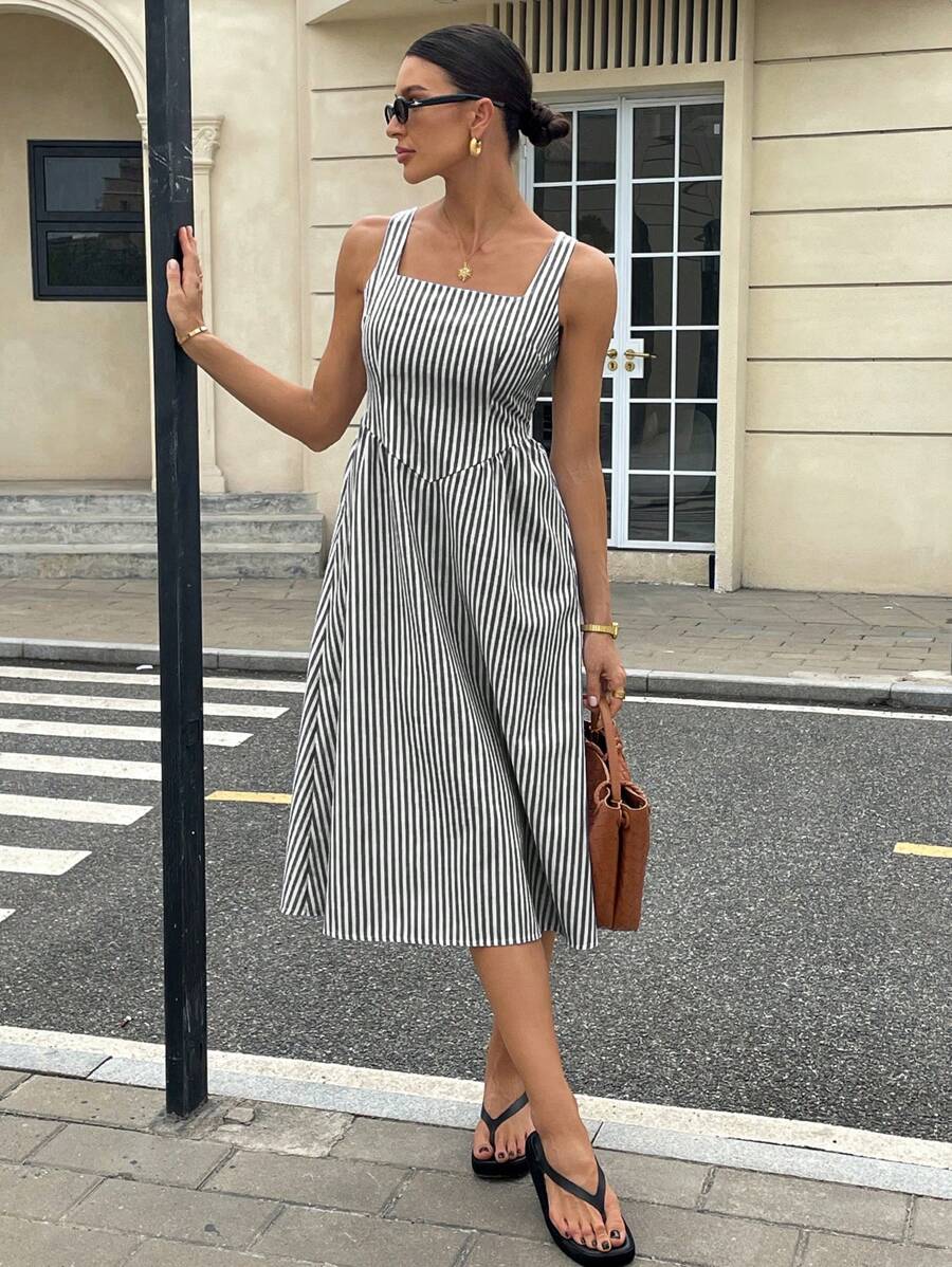 Gioia | Abito Maxi a Righe in Cotone con Scollatura Quadrata