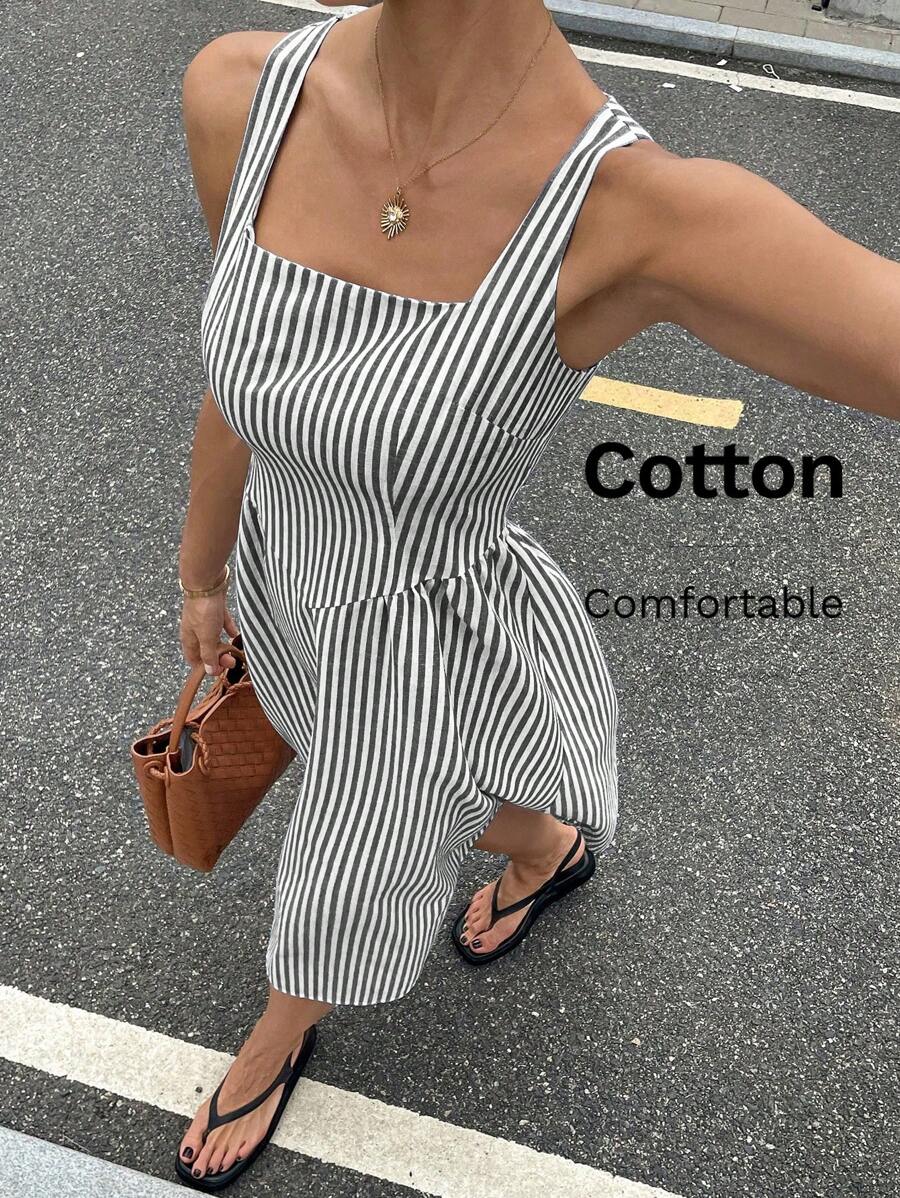 Gioia | Abito Maxi a Righe in Cotone con Scollatura Quadrata