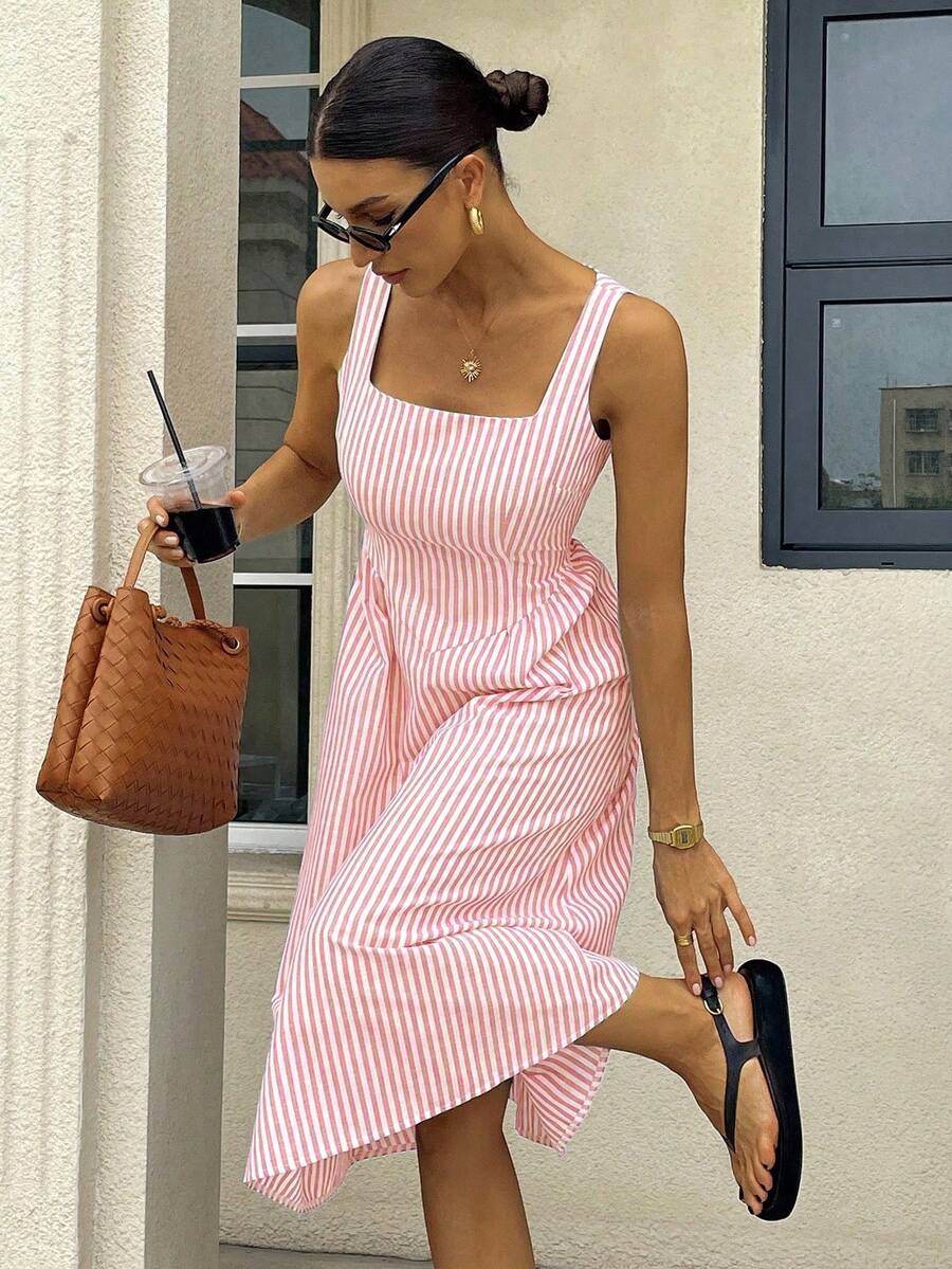 Gioia | Abito Maxi a Righe in Cotone con Scollatura Quadrata