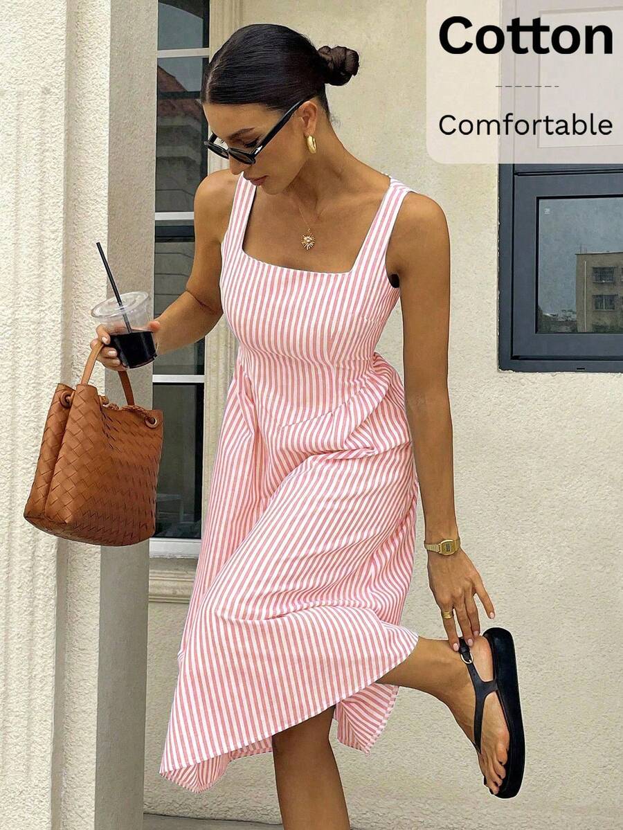 Gioia | Abito Maxi a Righe in Cotone con Scollatura Quadrata