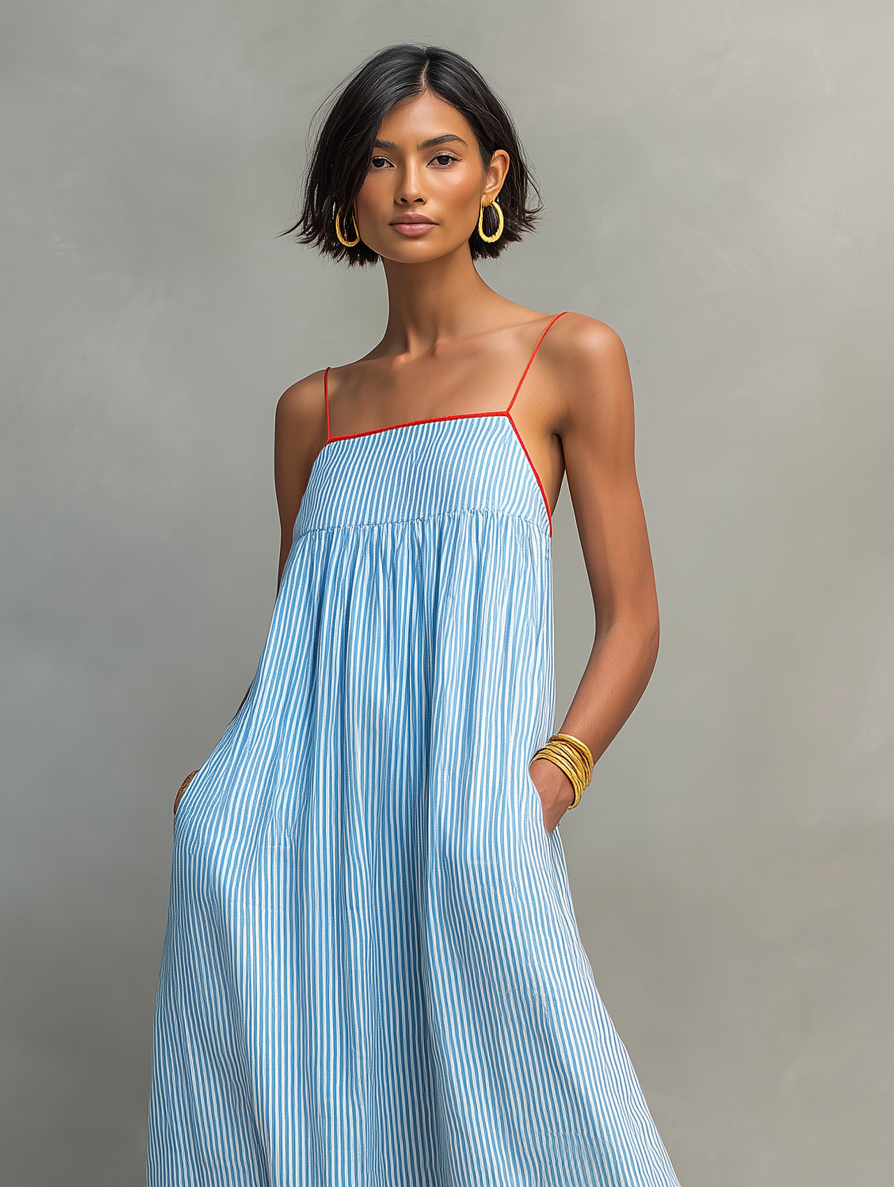 Azzurra | Abito Maxi con Spalline Sottili e Dettaglio a Contrasto