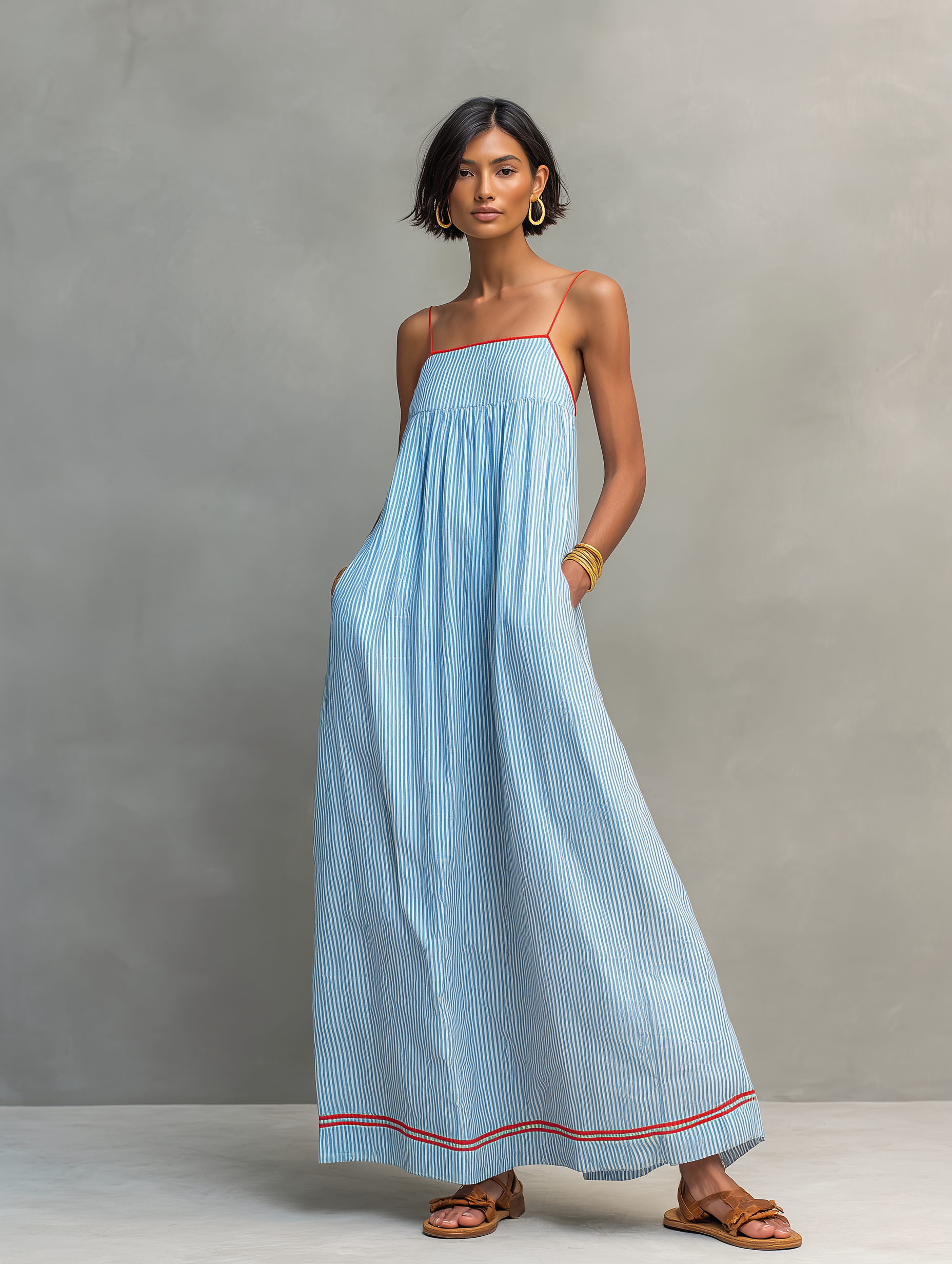 Azzurra | Abito Maxi con Spalline Sottili e Dettaglio a Contrasto