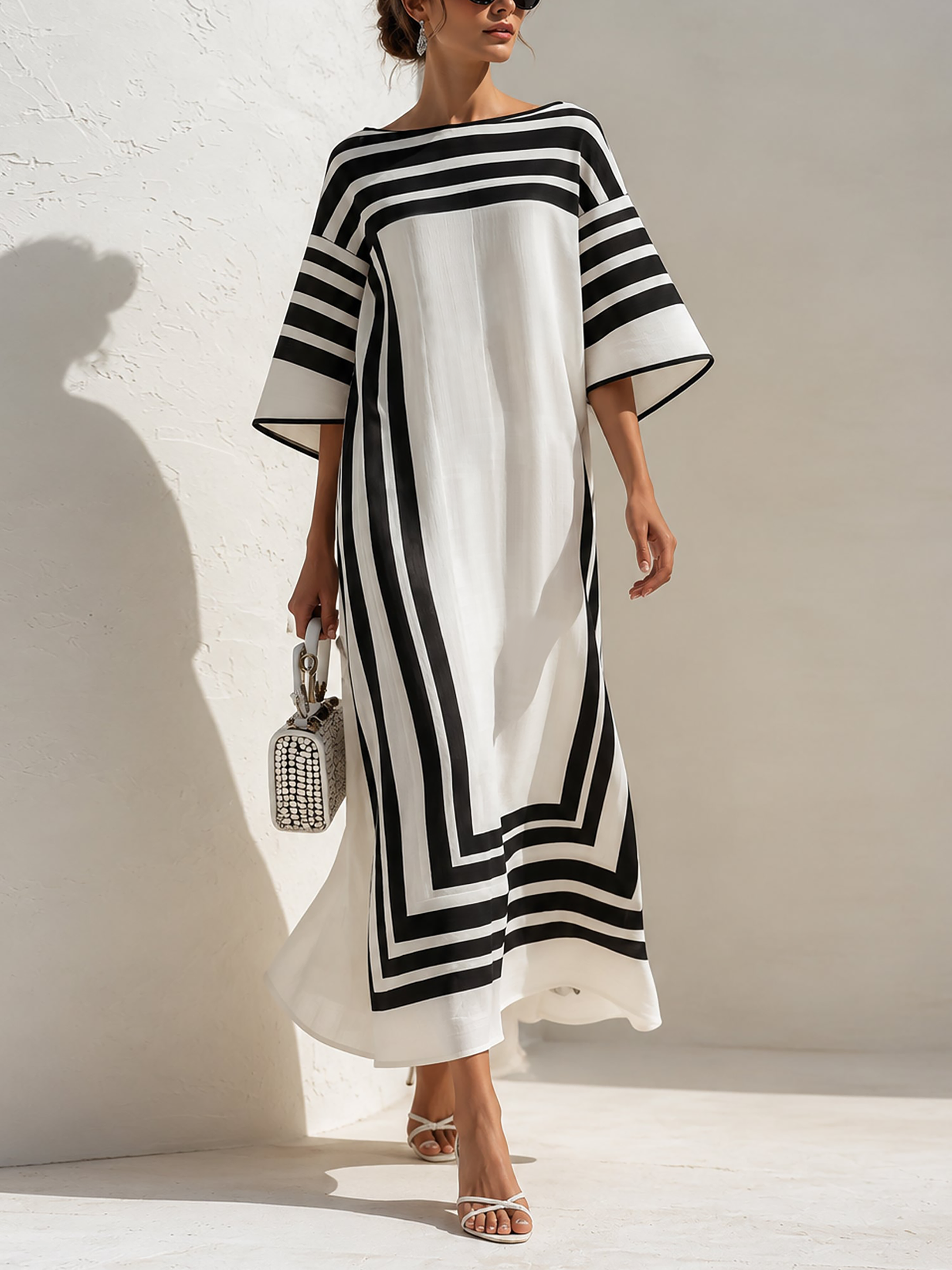 Maddalena | Kaftan maxi a righe geometriche nero e bianco