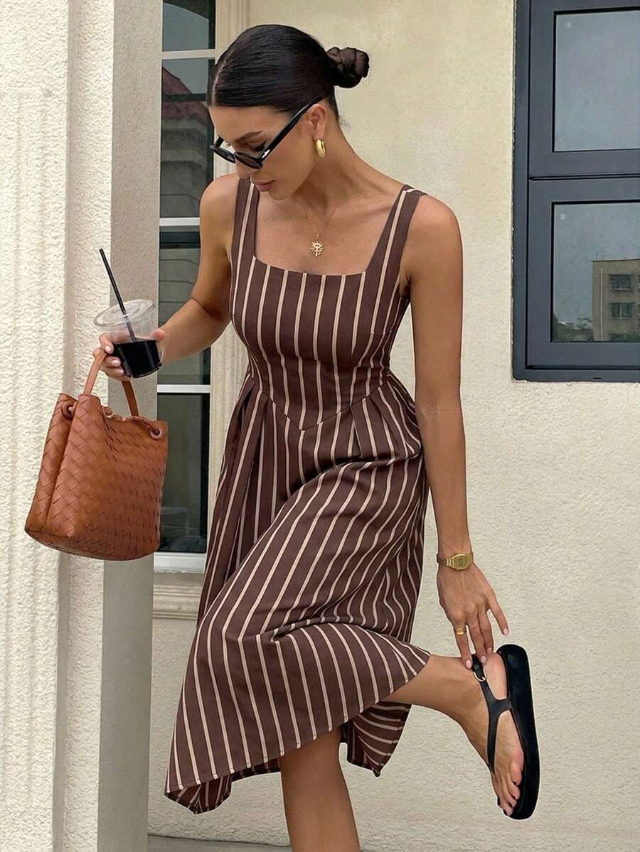 Gioia | Abito Maxi a Righe in Cotone con Scollatura Quadrata