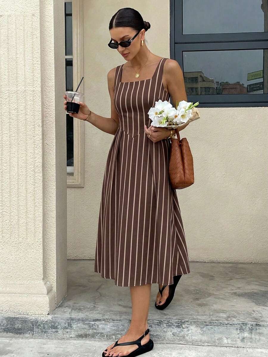 Gioia | Abito Maxi a Righe in Cotone con Scollatura Quadrata