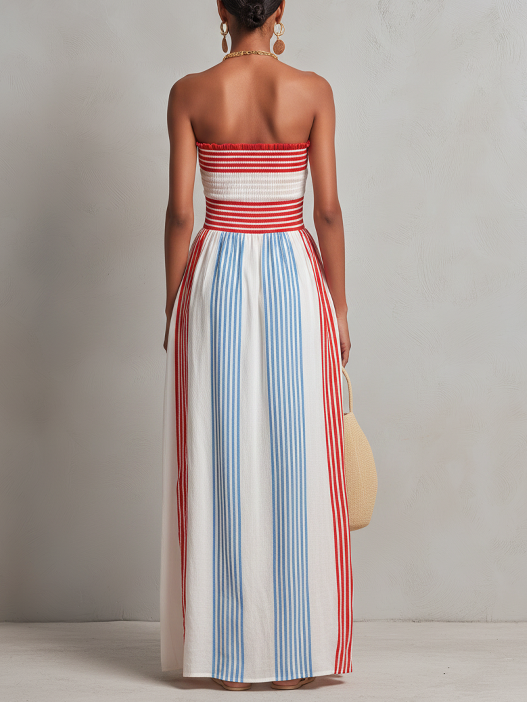 Alba | Abito maxi a righe rosse e blu con corpino smock senza spalline