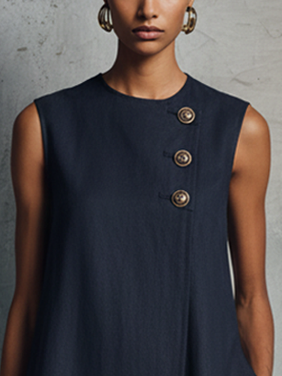 Federica | Mini Abito Blu Navy Senza Maniche con Collo Rotondo e Dettaglio Bottoni
