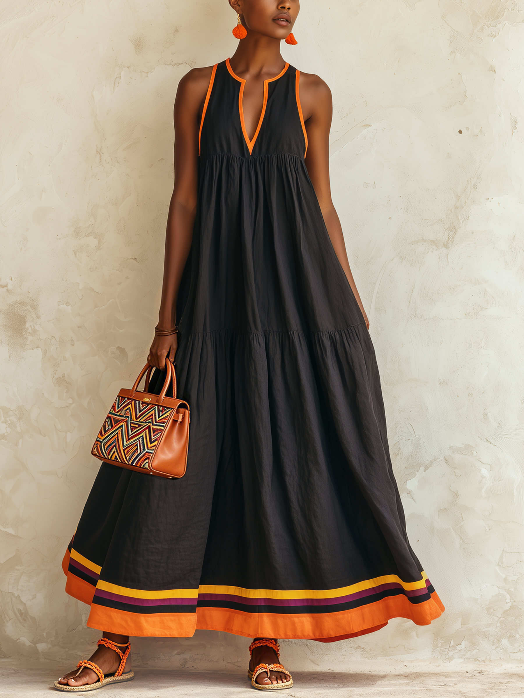 Federica | Abito maxi nero a balze con bordino arancio e orlo multicolor
