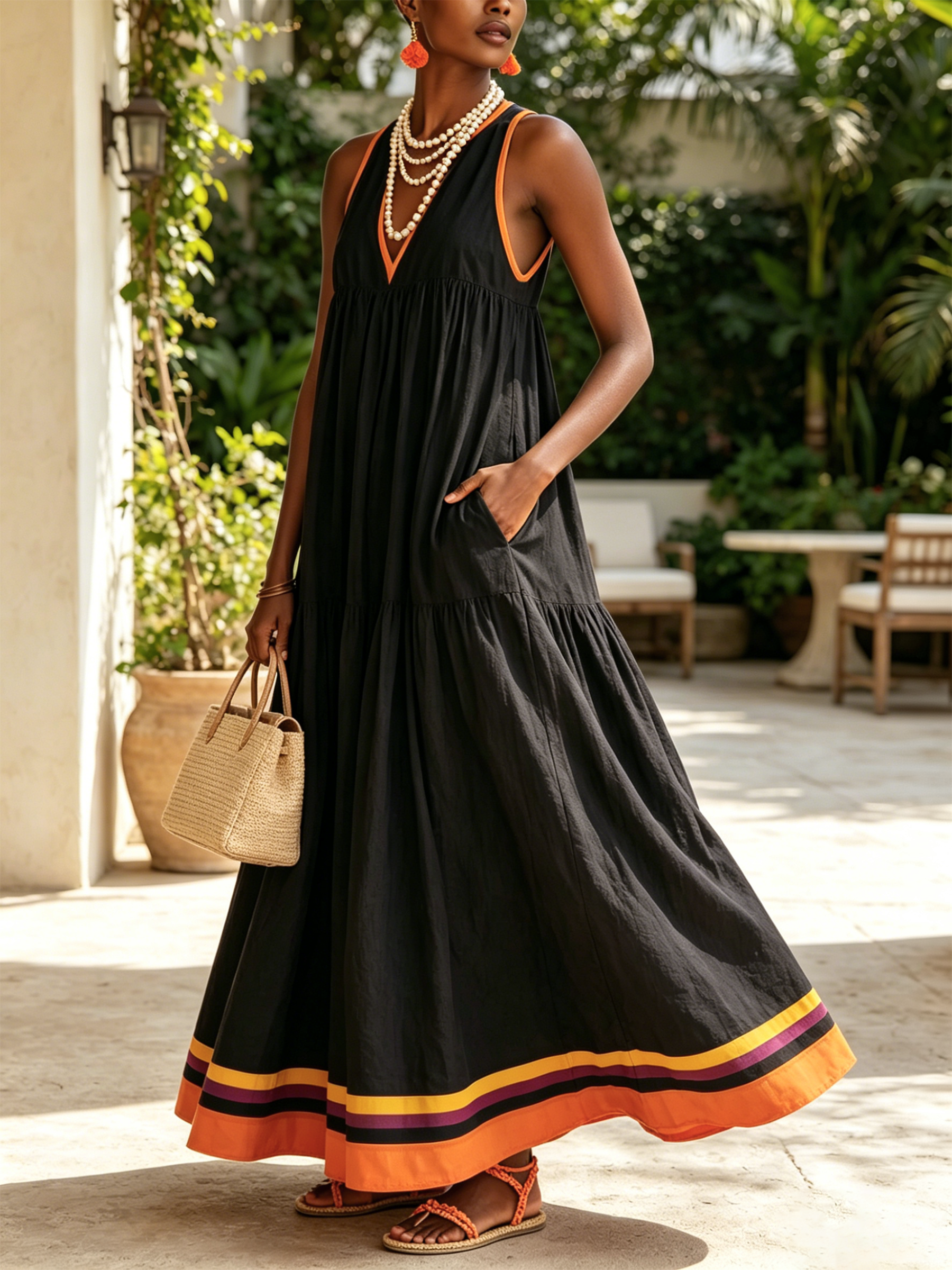 Federica | Abito maxi nero a balze con bordino arancio e orlo multicolor