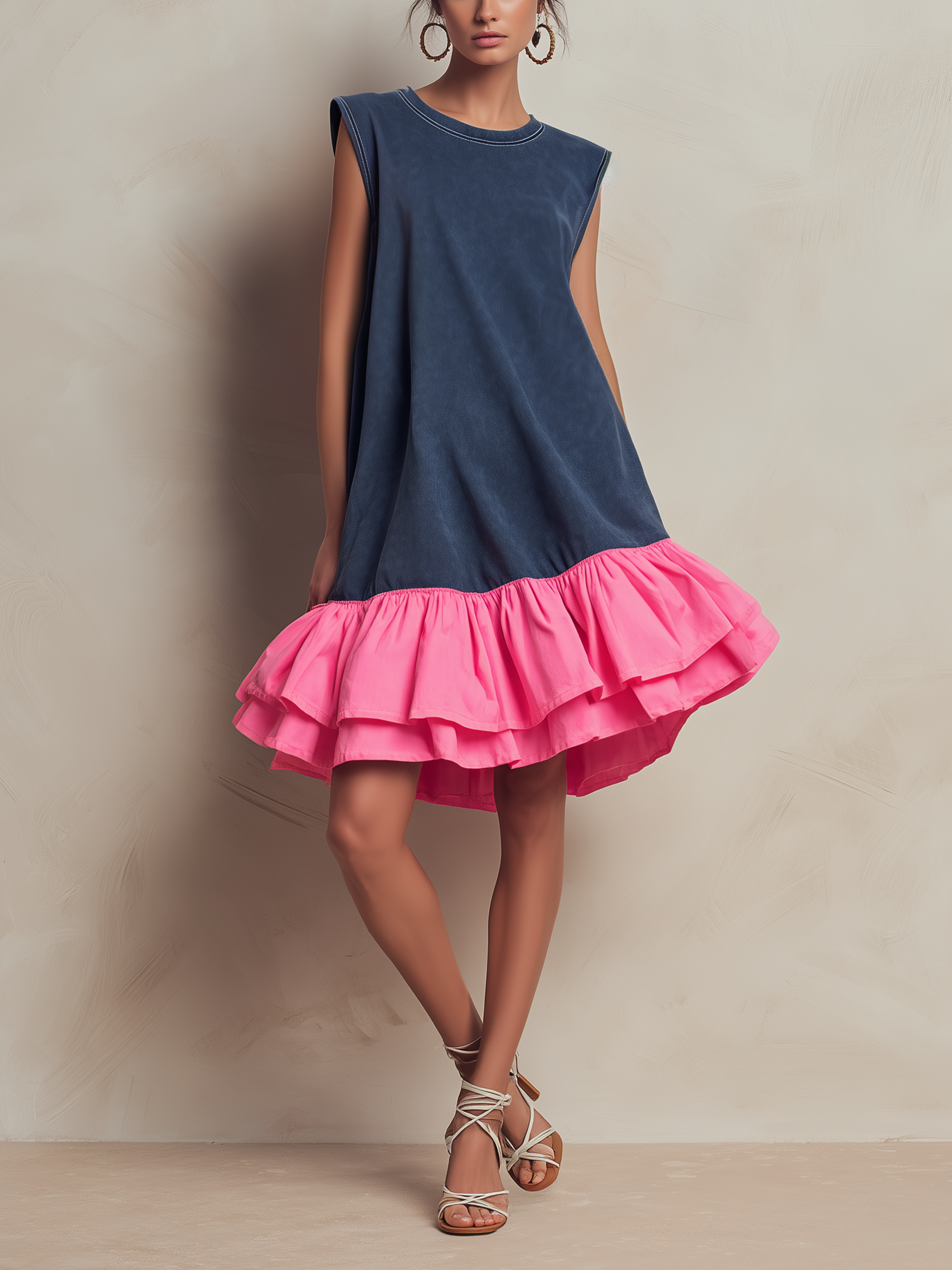 Noemi | Miniabito in felpa lavata blu navy con balze rosa shocking