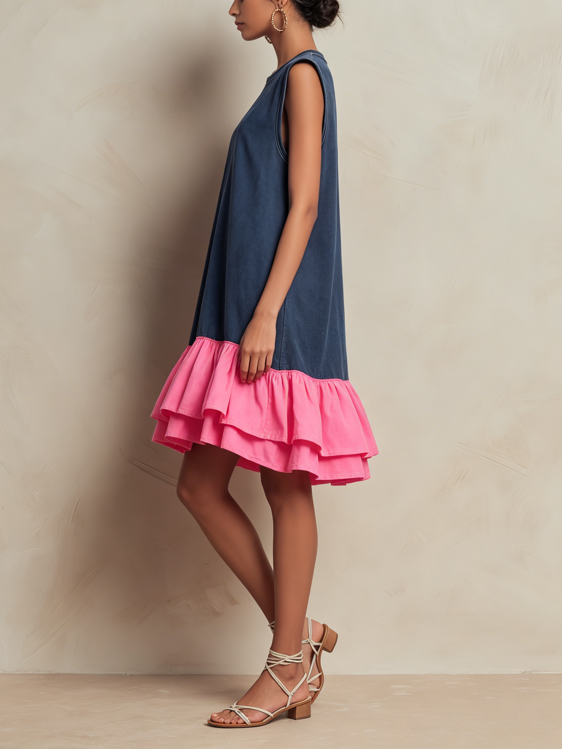 Noemi | Miniabito in felpa lavata blu navy con balze rosa shocking