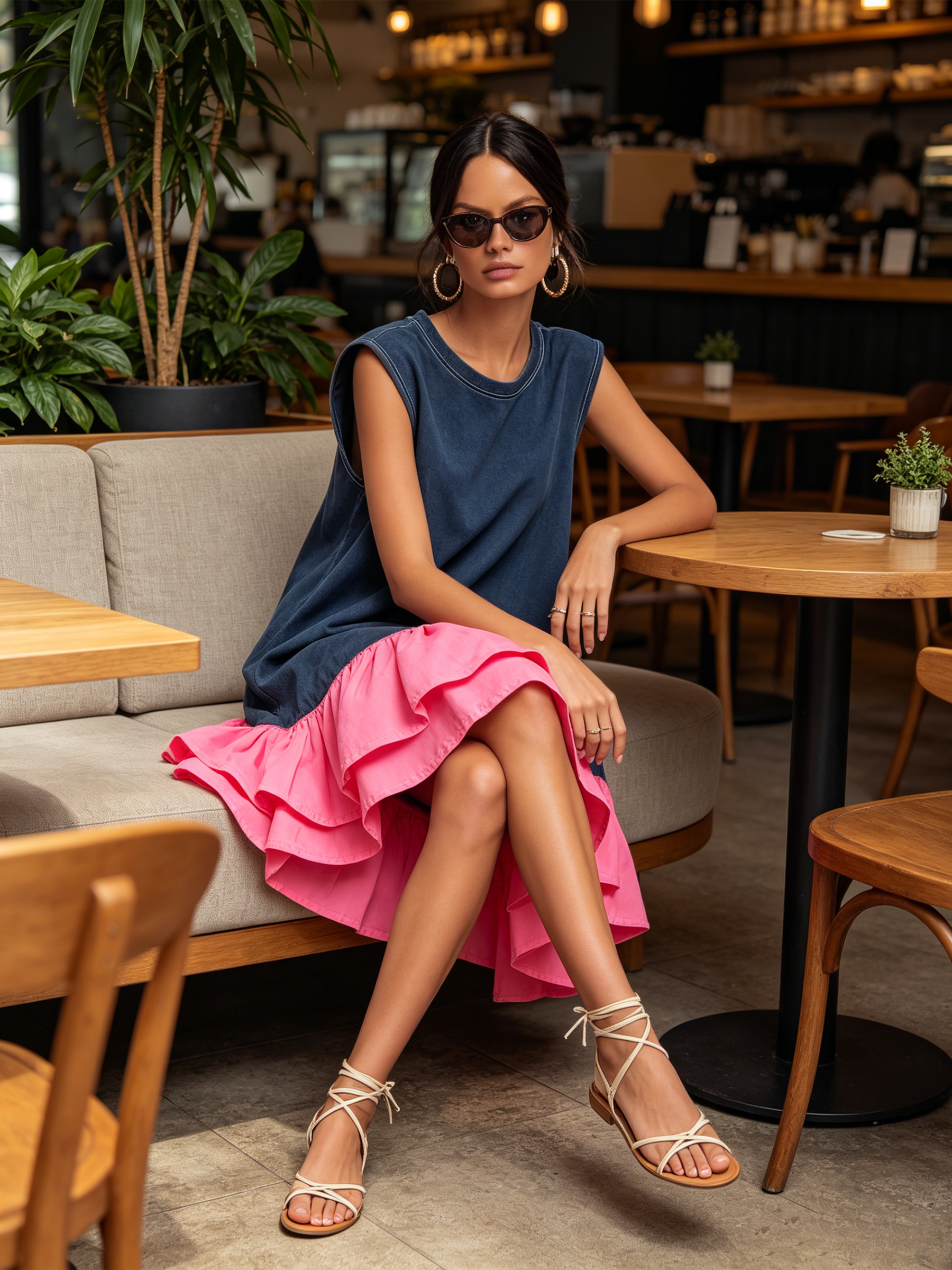 Noemi | Miniabito in felpa lavata blu navy con balze rosa shocking