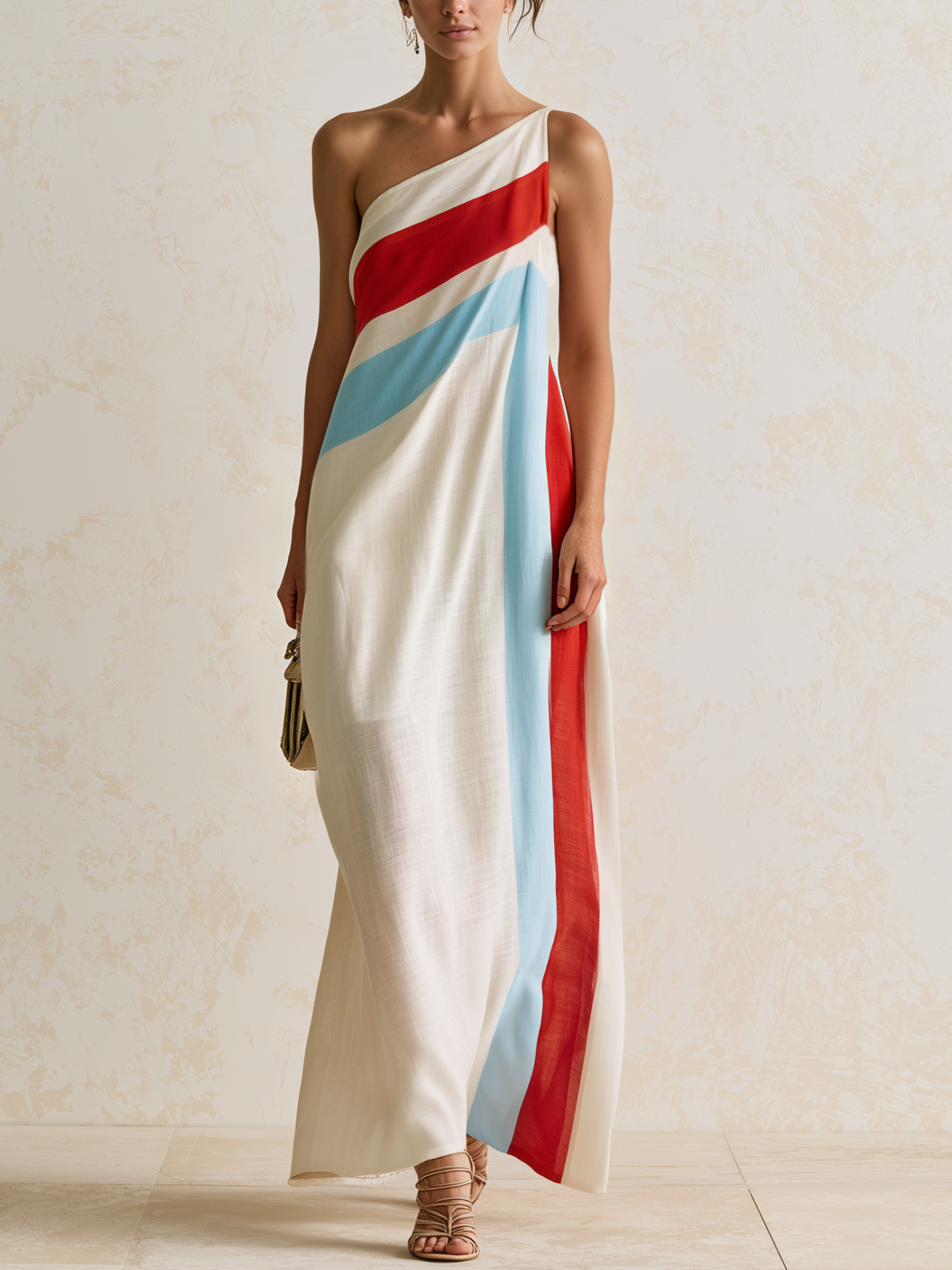 Carlotta | Abito maxi monospalla a strisce diagonali rosso, azzurro e bianco