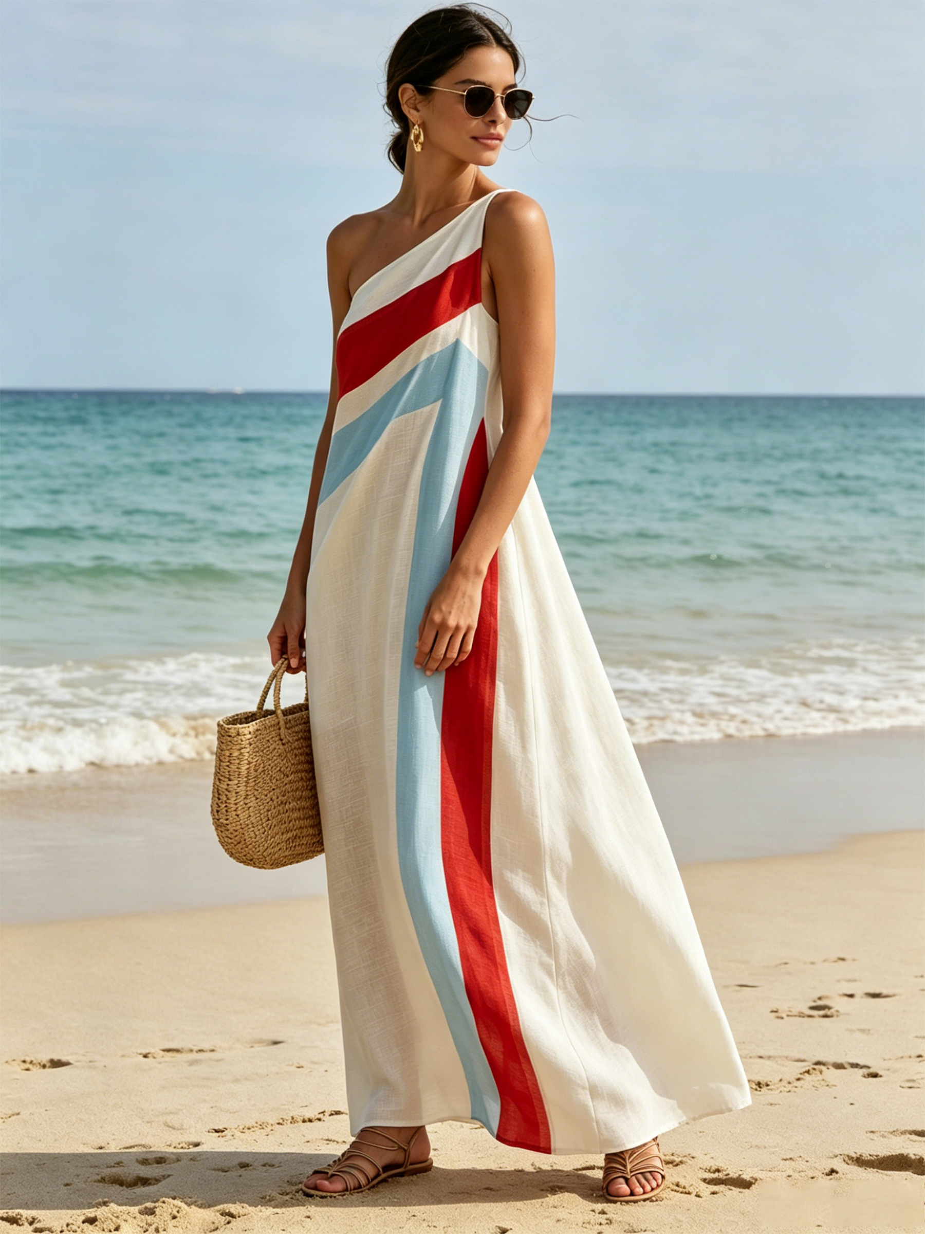 Carlotta | Abito maxi monospalla a strisce diagonali rosso, azzurro e bianco