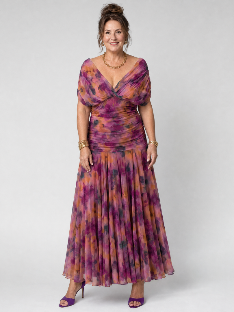 Adriana | Abito midi off-shoulder in chiffon floreale dal fascino romantico