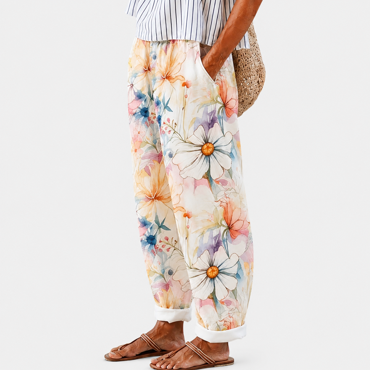 Pantaloni Comfort con Fiori Pastello