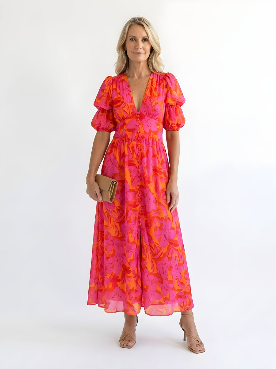 Samara | Abito Midi a Fiori con Scollo a V e Maniche a Palloncino