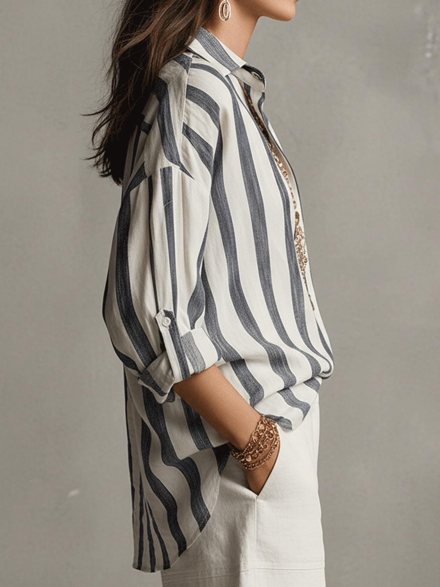 Daniela | Camicia Casual a Righe in Cotone e Lino a Maniche Lunghe
