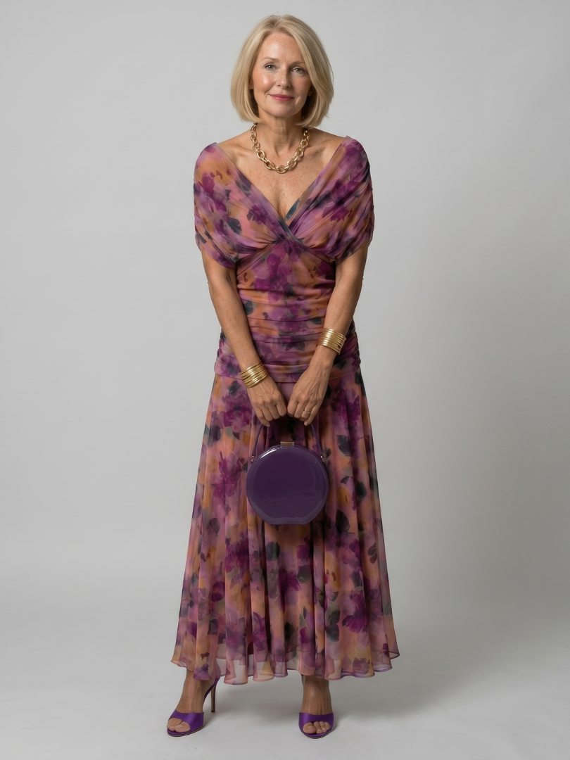 Adriana | Abito midi off-shoulder in chiffon floreale dal fascino romantico