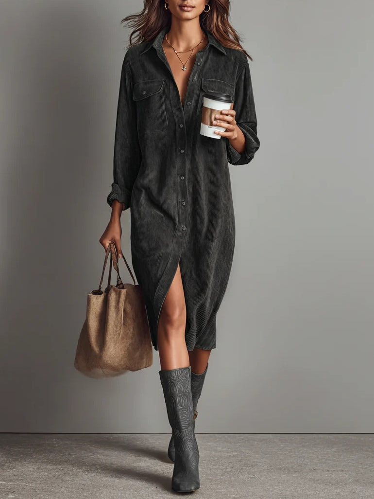 Abito Midi in Corduroy con Tasche a Doppio Petto e Bottone Singolo