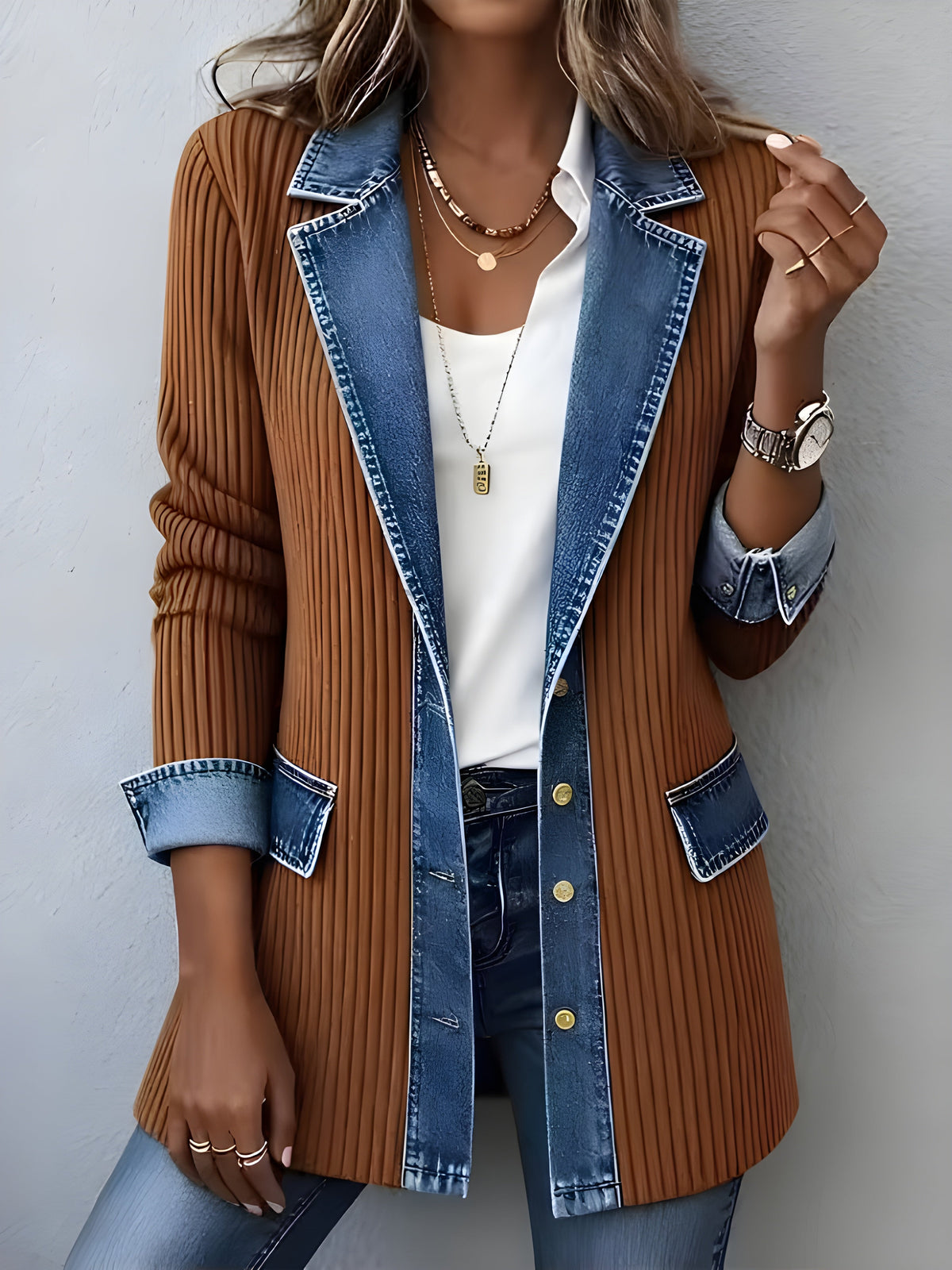 Luna™ Cappotto Combinato Elegante in Denim con Rever