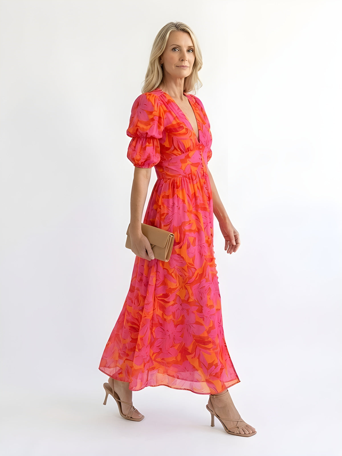 Samara | Abito Midi a Fiori con Scollo a V e Maniche a Palloncino