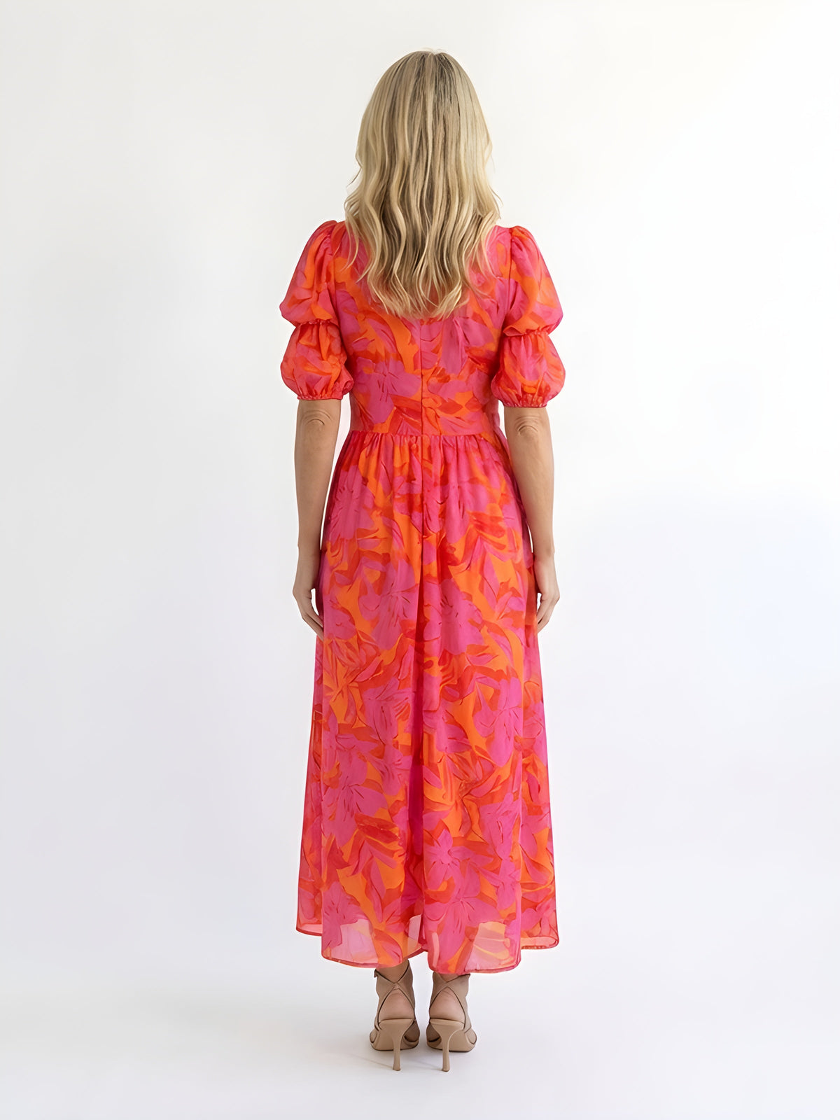 Samara | Abito Midi a Fiori con Scollo a V e Maniche a Palloncino