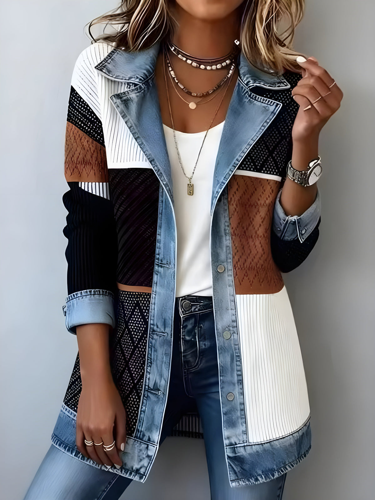 Luna™ Cappotto Combinato Elegante in Denim con Rever