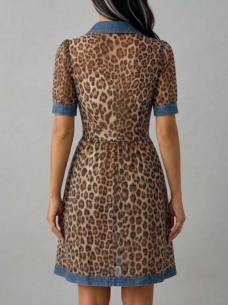 Adriana | Abito chemisier leopardato con profili in denim e bottoni