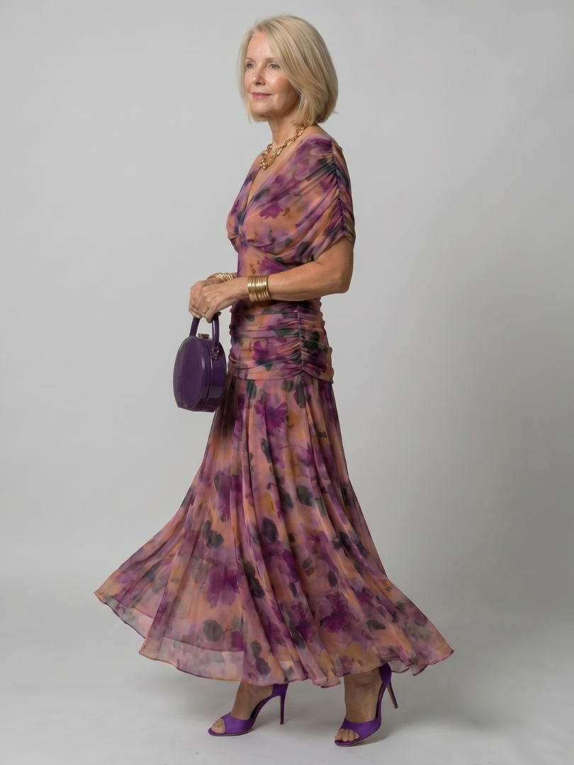 Adriana | Abito midi off-shoulder in chiffon floreale dal fascino romantico