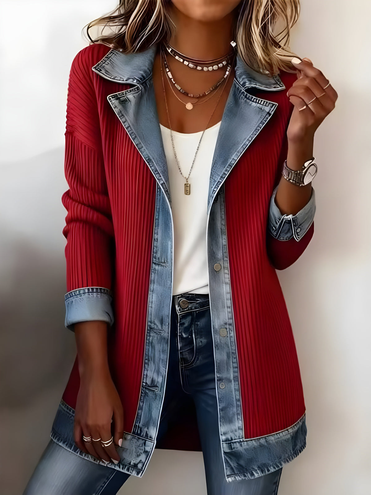Luna™ Cappotto Combinato Elegante in Denim con Rever