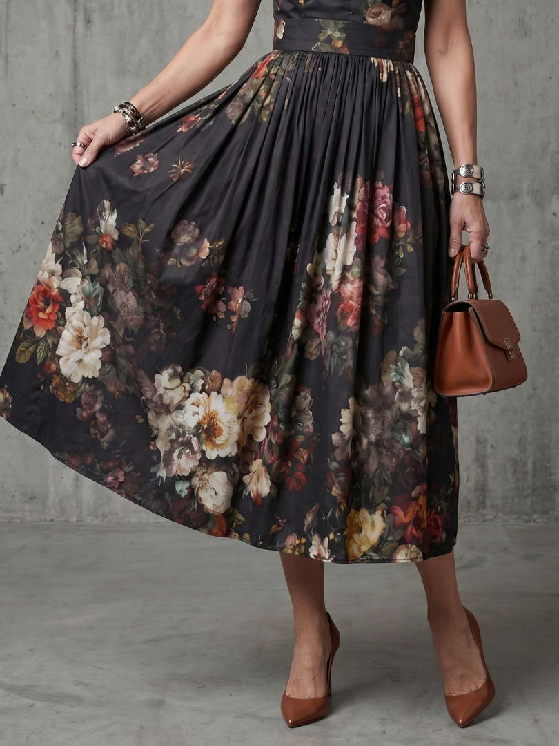 Greta | Abito Midi Plissettato a Fiori con Collo Alto e Apertura a Chiave