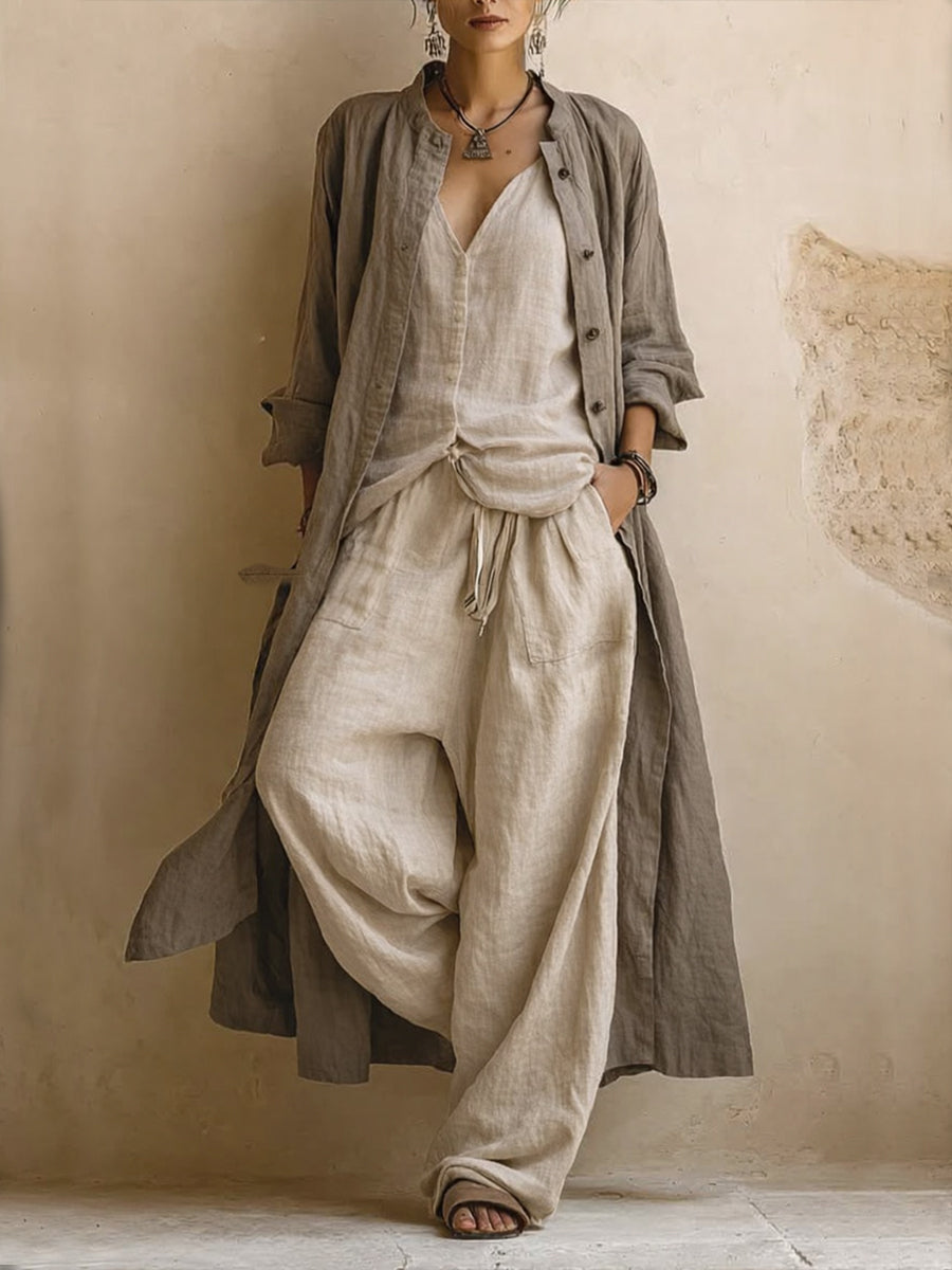 Letizia | Completo tre pezzi in lino e cotone con cardigan lungo boho