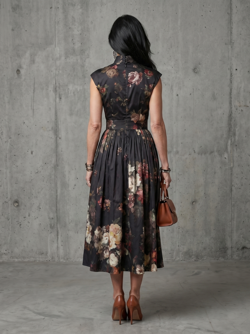 Greta | Abito Midi Plissettato a Fiori con Collo Alto e Apertura a Chiave