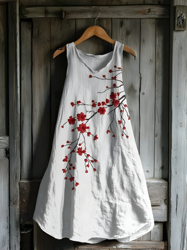 Abito in Lino Rosso Vintage con Fiori