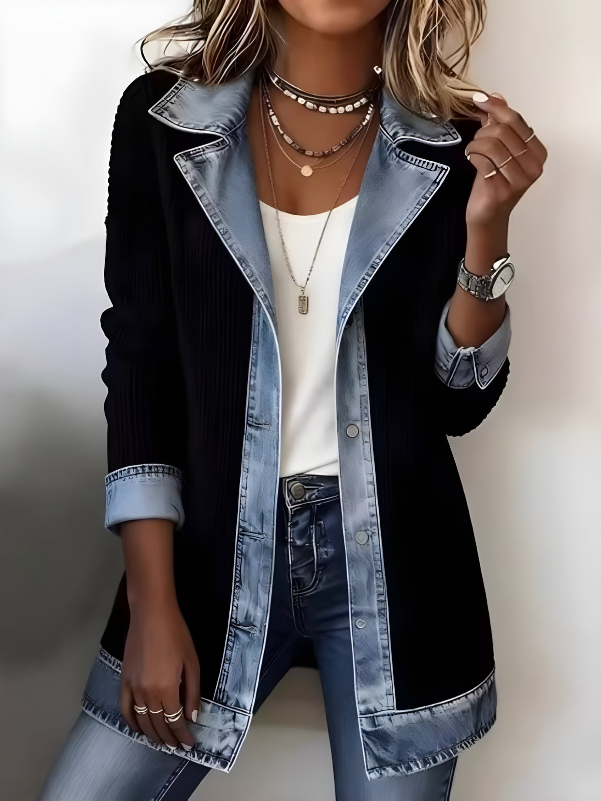 Luna™ Cappotto Combinato Elegante in Denim con Rever