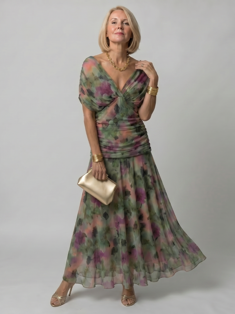 Adriana | Abito midi off-shoulder in chiffon floreale dal fascino romantico
