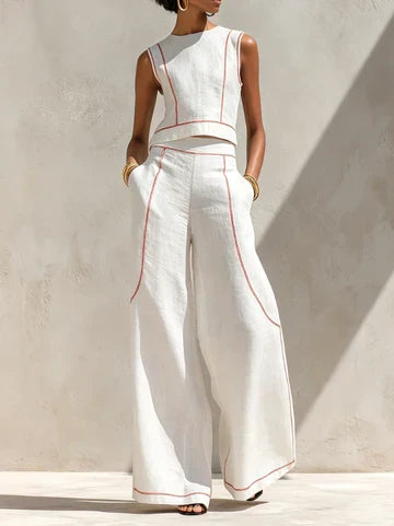 Vittoria | Completo Bianco con Top Senza Maniche e Pantaloni a Gamba Larga