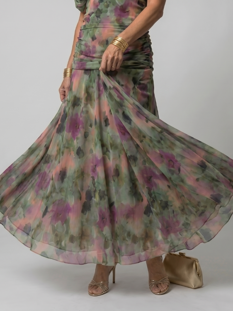Adriana | Abito midi off-shoulder in chiffon floreale dal fascino romantico