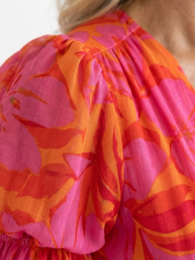 Samara | Abito Midi a Fiori con Scollo a V e Maniche a Palloncino