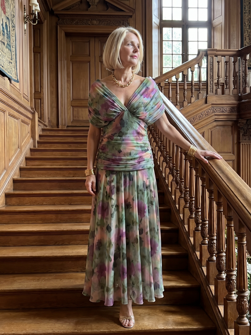 Adriana | Abito midi off-shoulder in chiffon floreale dal fascino romantico