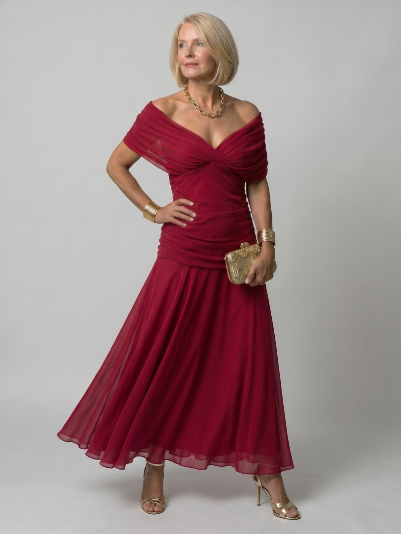 Adriana | Abito midi off-shoulder in chiffon floreale dal fascino romantico